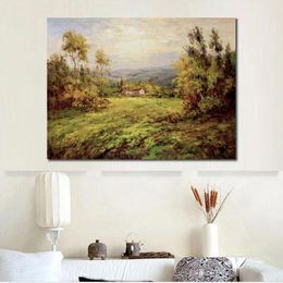 Textured Canvas Art Village Landscape Green Grass at Home Handmade Impressionist Modern Bedroom Decor Vibrant