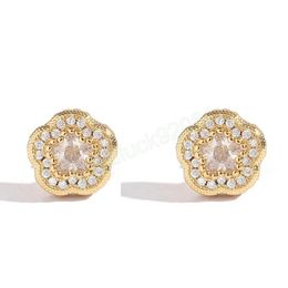 Unisex Fashion Men Women Earrings Stud Gold Plated Bling CZ Iced Out Flower Earrings Studs Jewelry Gift