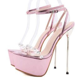 NXY Sandals Pink Sweet Ankle Buckle Strap Women's Pvc Transparent Crystal Platform Summer Fashion High Heels Wedding Shoes 230511