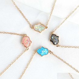 Pendant Necklaces Fashion Blue White Pink Opal Hamsa Hand Necklace Fatima Charm Long Chain Women Jewellery Collierl Gifts Drop Deliver Dhiz5