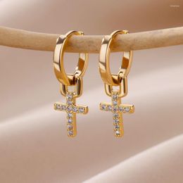 Hoop Earrings Shiny Cross Gold Colour Set Metal Dangle Copper Zircon Earring Vintage Twist For Women Girls Trendy Jewellery Gifts