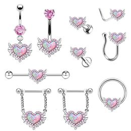 Nose Rings Studs Pink Navel Belly Button Rings Women Opal Heart Nose Clip Lip Labret Piercing Helix Screw Earring Stud Cartilage Conch Piercing 230605