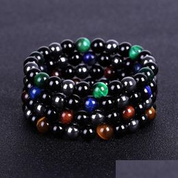 Beaded Strand Threecolor Hematite Tiger Eye Black Onyx Bracelet Natural Stone Bead Bracelets Wristband For Men Women Fashion Jewelry Dhct8