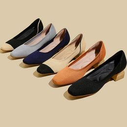 Women shoes Fashion High Heels Elastic Knitted Breathable Square Toe Latex Sweat-absorbing insole Non slip Rubber Sole New 2023