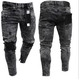 Mens Jeans Biker Distressed Stretch Ripped Men Hip Hop Slim Fit Holes Punk Zipper Pure Color Denim Pants 230606