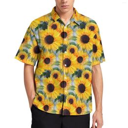 Men's Casual Shirts Yellow Sunflower Blouses Male Bright Floral Print Hawaii Short Sleeves Design Retro Oversized Vacation Shirt Gift