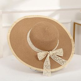 Wide Brim Hats Summer Furred Edge Flat Straw Hat Travel Vacation Temperament Bow Outdoor Beach Visor Cap