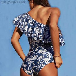 Women's Swimwear Vintage Printed One-shoulder Ruffled Asymmetrical Swimsuit Holiday Beachwear Designer Bathing Suit Summer Surf Wear T230606