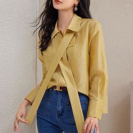 Women's Blouses Vintage Turn Down Collar Riband Chiffon Blouse Office Lady Long Sleeve Yellow Shirt Female Clothing 2023 Tops Blusa Mujer