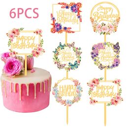 Other Event Party Supplies 6PCS Flowers Cake Topper Happy Birthday Decor Acrylic Rose Cake Toppers Baby Shower Cake Birthday Party Cake Flag Decorations 230605