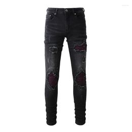 Men's Jeans 1302 Fashion Streetwear Men's Black Casual Distress Purple Lint Patchwork Slim Ripped Denim Pants For Men