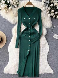 Casual Dresses Women's 2022 Autumn/Winter Elegant Single Chest Split Long Knitted Sweater Office Women Wrap Hip Body P230606