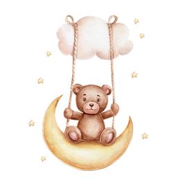 Teddy Bear Swing on the Moon Wall Sticker Decoration for Kids Room Baby Room Wall Decals Baby Nursery Bedroom Interior Sticker