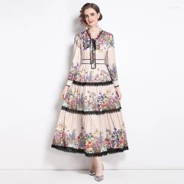 Casual Dresses Spring Runway Floral Print Lace Splicing Party Dress Women Bow Collar Long Sleeve Vintage Maxi Vestidos