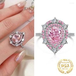 Cluster Rings Sterling Silver 925 Luxury Pink Zircon Water Drop Pear Cut High Carbon Diamond Ring For Women Vintage Jewellery Wedding