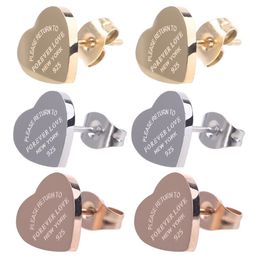 3 Colours Classic Style Women Lover Heart Studs Luxury Titanium Steel Earrings Logo Printed Wedding Party Gifts Wholesale