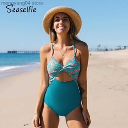 Women's Swimwear SEASELFIE Twist Front Lace Up One-piece Swimsuit For Women Floral Sexy Cut Out Monokini Swimwear 2023 Bathing Suit Beachwear T230606