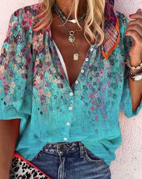 Women's T Shirts Women's Blouse Fashion Floral Print Button Front Casual V-Neck Half Sleeve Daily T-Shirt Top 2023 Summer