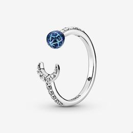 Blue earth and moon Open Ring for Pandora Authentic Sterling Silver Party Rings designer Jewellery For Women Girls Crystal Diamond Fashion ring with Original Box