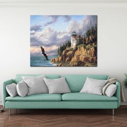 Dipinto a mano Coastal Canvas Art Paianting Bass Harbor Head Lighthouse Contemporary Modern Artwork Restaurant Decor