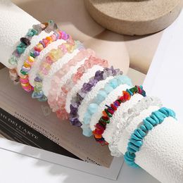 Bohemia Colorful Natural Crushed Stone Handmade Woven Elastic Bracelet for Women Girls Stone Geometric Adjustable Bracelet Gifts