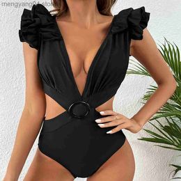 Women's Swimwear 2023 New Sexy One Piece Swimsuit Solid Black Ruffle Swimwear Women Bathing Suit Beach Wear Backless Monokini Summer T230606