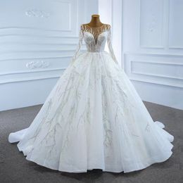 Dubai white Wedding Dresses With Long sleeve Crystal Pearls Puffy Bridal Ball Gowns Robe De Mariee 2023 Appliques Casamento sequined bling wed dress ball gown