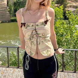 Women's Tanks Floral Graphic Print Tank Top Fairycore Grunge Criss-cross Lace-up Slit Crop Tops Vintage Y2K Boho Camis Women Summer