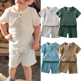 Clothing Sets Toddler Summer Boy Girl Outfits Cotton Linen Solid T-shirt Shorts for Children Korean Casual Breathable Clothes Set 230605