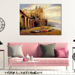 Handmade Landscape Canvas Wall Art Castle by The Sea Impressionist Artwork for Restaurant Modern Decor