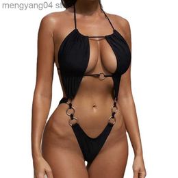 Women's Swimwear 2023 Summer Ring Linked Cut-Out One Piece Swimwear Scoop Neck Lace Up Back Monokini Micro Swimsuit Black Bandage Bathing Suit T230606