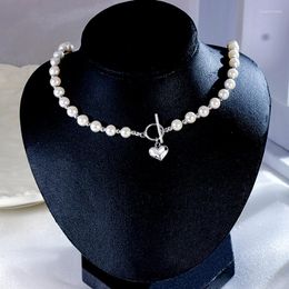 Chains 925 Silver Natural Pearl Necklace Love Pendant Fashion Simple Luxury Clavicle Chain Collars French Personality OT Buckle