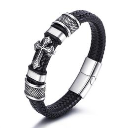 Charm Bracelets Leather Woven Cross Mens Bracelet Stainless Steel Button Hip Hop Wristband Bangle Cuff Fashion Jewelry Gift Drop Deli Dh8H3