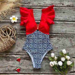 Women's Swimwear 2022 Floral Printed Deep V-neck Ruffle Swimsuit Push Up One Piece Swimsuit Beach Wear Backless Monokini Beach Wear Swim Suit T230606