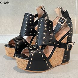 Sukeia Real Photos Women Platform Sandals Wedges Heels Studded Round Toe Elegant Black Party Shoes Ladies US Plus Size 5-20