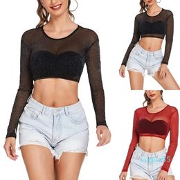 2023-Womens T-Shirt Sexy See-Through Mesh Long Sleeve T-Shirts Round Neck Glitter Sparkly Bodycon Sheer Crop Top Blouses Clubwear