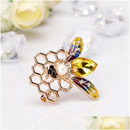 Pins Brooches Crystal Enamel Honeycomb Bee Brooch Pin Business Suit Tops Rhinestone Cor For Women Men Fashion Jewelry Drop Delivery Dhxup