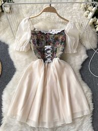 Casual Dresses Vintage Flower Print Gothic Bandage Mini Women's Elegant Puff Sleeves Beige Black Princess Party Dress Vestidos P230606