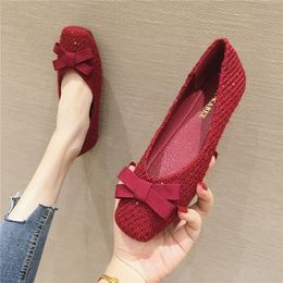 2021 Nude Shoes Black Flat Heel Shoes for Women Red Flats with Bowknot Square Head Butterfly Knot Solid Colour 31 32 33 44 45