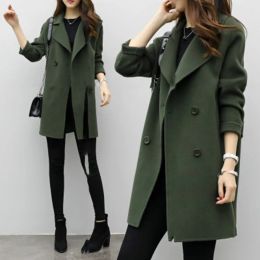 QNPQYX New Female Double-breasted Overcoat Long Sleeve Woollen Coats Turn-down Collar Slim Fit Women Army Green Spring Windproof Warm Jacket