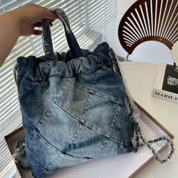 Womens Designer Denim Jeans Drawstring Bucket Backpack Bags Top Handle Tote 22 Shopping Quilted Diamond Lattice Shoulder Handbags With Wallet Pouch 30X35CM