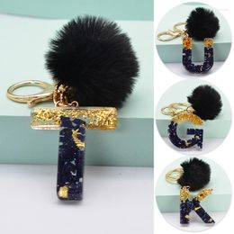 Keychains Trendy Black Pompom Letter Keychain English Alphabet Keyring Glitter Resin Car Mirror Accessory Women Handbag Charm Pendant Gift