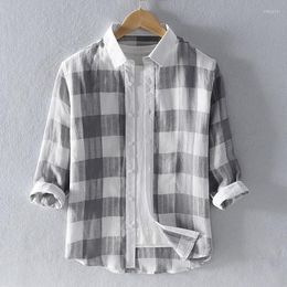 Men's Casual Shirts Cotton Linen Men Check Half Sleeve Casuall Dress Shirt Patchwork Fashion Stylish Tops Male Camisa Street Wear TS-746