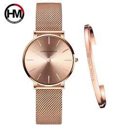 Full Rose Gold 1 Set Bracelet Watch Japan Quartz Creative Design Waterproof Stainless Steel Mesh Ladies Watches Relogio Feminino231q