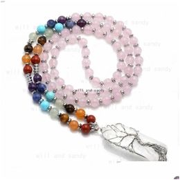 Pendant Necklaces Yoga 7 Chakra Natural Stone Beaded Necklace Clear Quartz Hexagonal Prism Tree Of Life Crystal Women Fashion Jewelr Dheq1