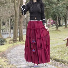 Skirts Spring And Summer Skirt Women's Art Retro Solid Color Chiffon Lace Up Spliced Long Wine Red Elastic Waist Mujer Falda Z978