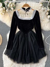 Casual Dresses Women's 2022 Vintage Square Neckline Black Gothic Dress Fashion Lace Patch Work Short Party Tank Top P230606