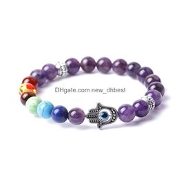 Beaded Yoga 7 Chakra Natural Stone Beads Bracelet Strand Gemstone Bracelets Amethyst Tiger Eye Lapis Reiki Healing Crystals Fashion Dhe0O