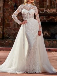 Sexy Mermaid Wedding Dress High Neck Long Sleeves Corset Bodice with Detachable Line Bridal Gowns Applique with Beads