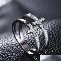 Cluster Rings Double Layer Diamond Jesus Cross Ring Band Finger Open Adjustable Hollow Stacking Women Couple Fashion Jewellery Gift Wi Dhpj0